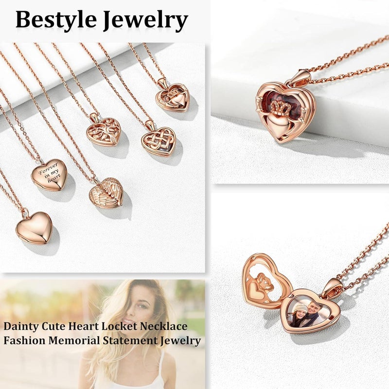 Bestyle Sterling Silver Heart Locket Necklace for Women, Dainty Cute Small Heart Locket Pendant in Gold/Rose Gold/Silver, Love Statement Jewelry Gift for Mother Wife - Image 3